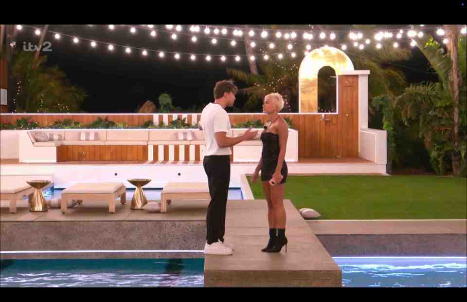 Kaz Crossley and Casey O'Gorman arguing by a pool.