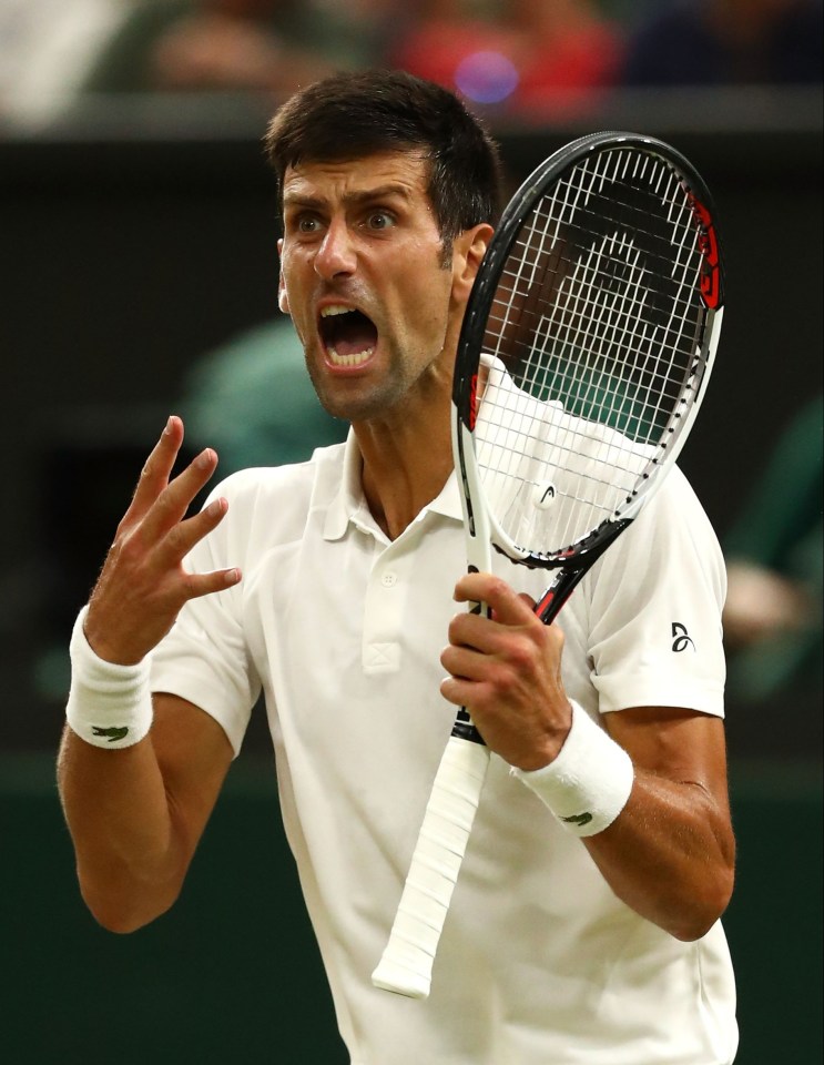 Novak Djokovic shouting during a Wimbledon semi-final match.