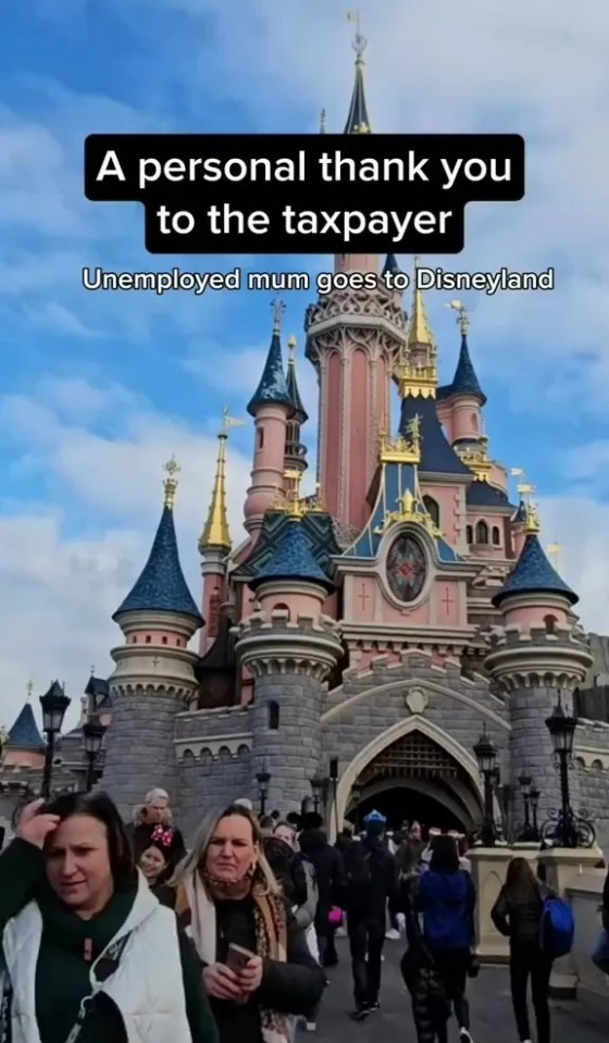 Unemployed mother at Disneyland, thanking taxpayers.