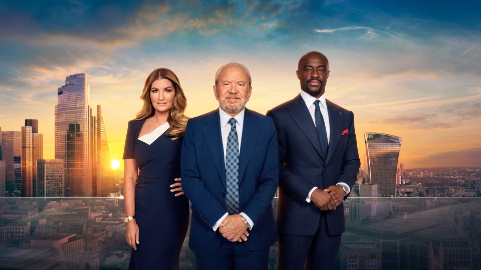 The Apprentice Season 19 judges: Lord Alan Sugar, Baroness Karren Brady, and Tim Campbell MBE, in front of the London skyline.