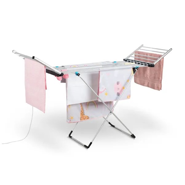 Electric clothes drying rack with laundry.