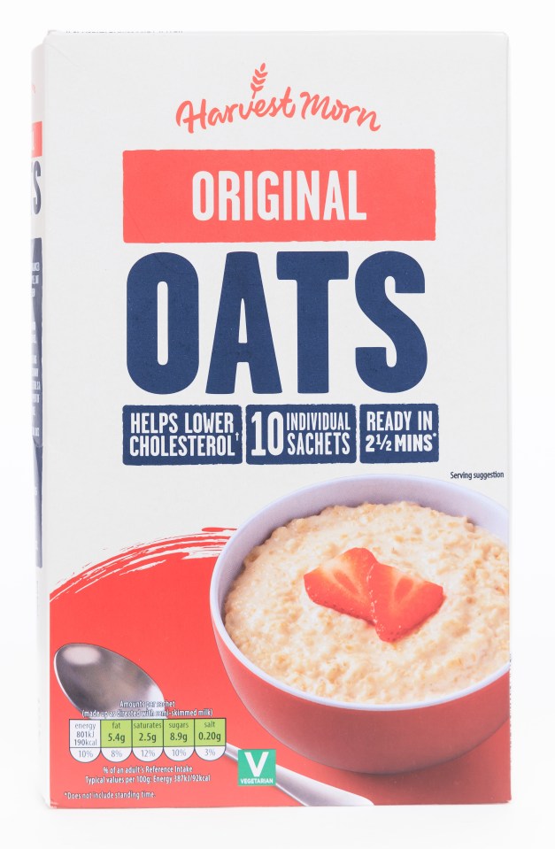 Harvest Morn Original Oats box; 10 individual sachets; helps lower cholesterol; ready in 2 1/2 minutes.