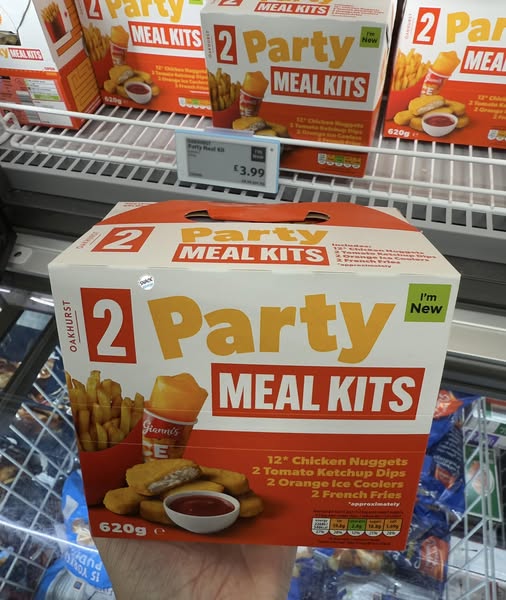 Two Party Meal Kits box showing chicken nuggets, fries, dips, and ice coolers.