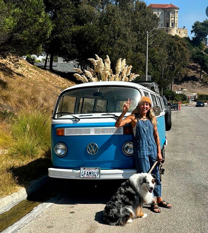 Woman with dog in front of VW van.