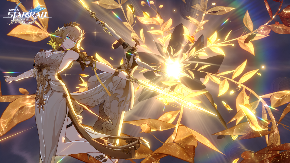 Illustration of a blonde woman in a flowing gold dress wielding a glowing spear, surrounded by golden leaves.