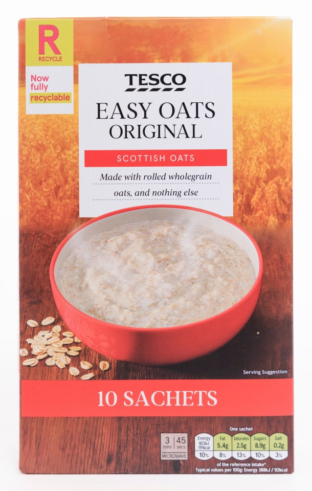 Box of Tesco Easy Oats Original Scottish Oats (10 sachets).