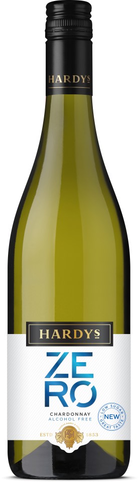 Bottle of Hardy's Zero alcohol-free Chardonnay.