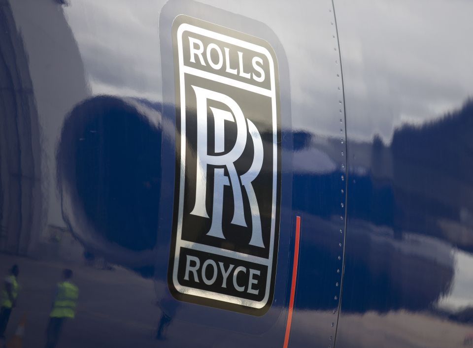 Rolls Royce logo on an aircraft engine.