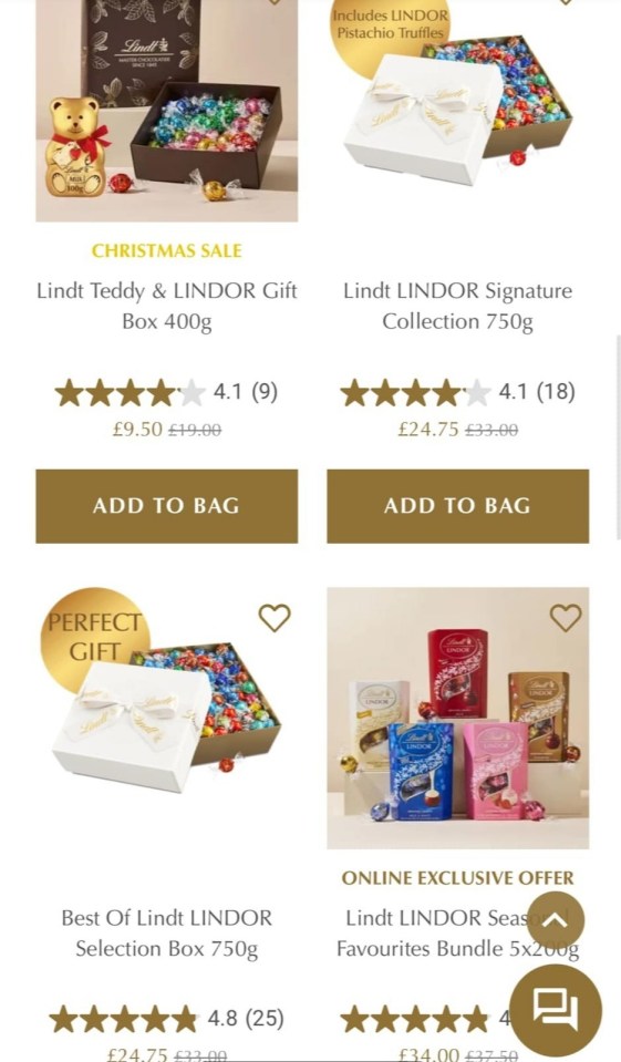 Lindt chocolate gift boxes and bundles, prices starting at 98p.