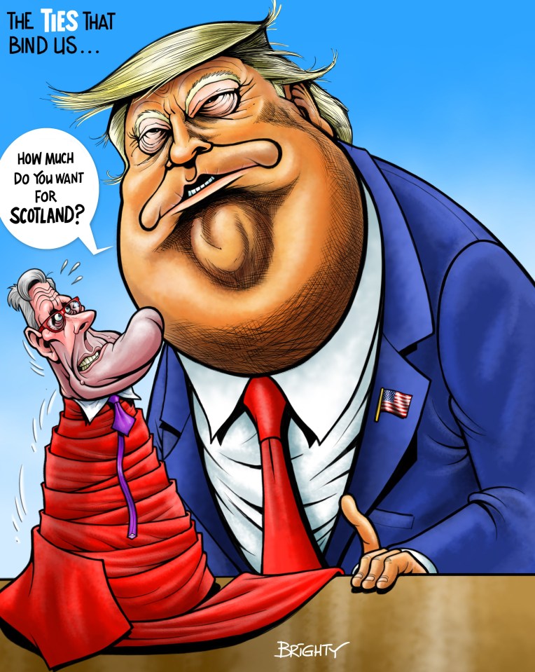 Illustration of Donald Trump and a smaller figure representing Scotland, wrapped in a red cloth, with Trump asking "How much do you want for Scotland?"