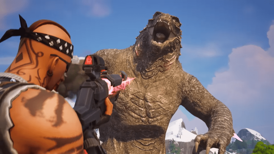 Screenshot of Fortnite's Godzilla vs Kong event showing a player shooting Godzilla.