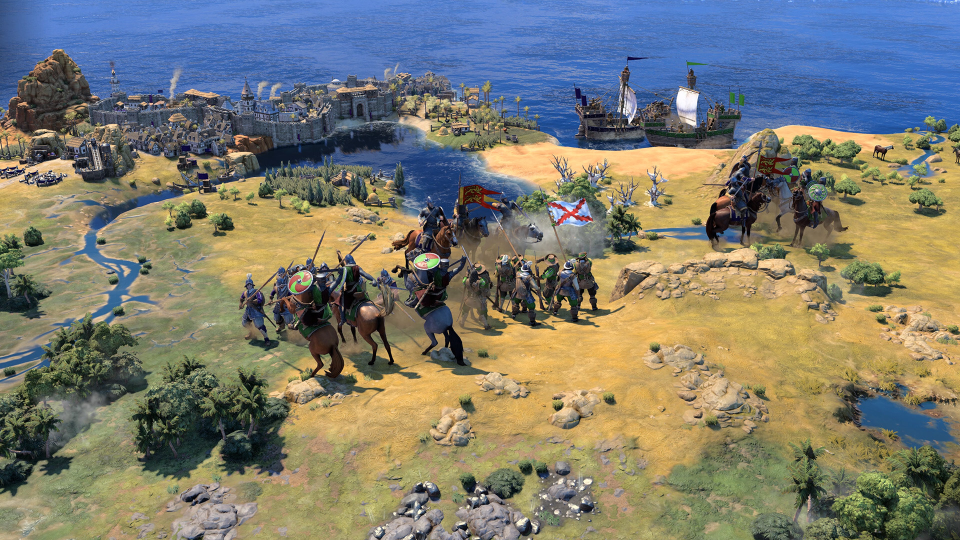 Screenshot of a medieval-style battle scene in a video game, showing soldiers on horseback and a coastal city.