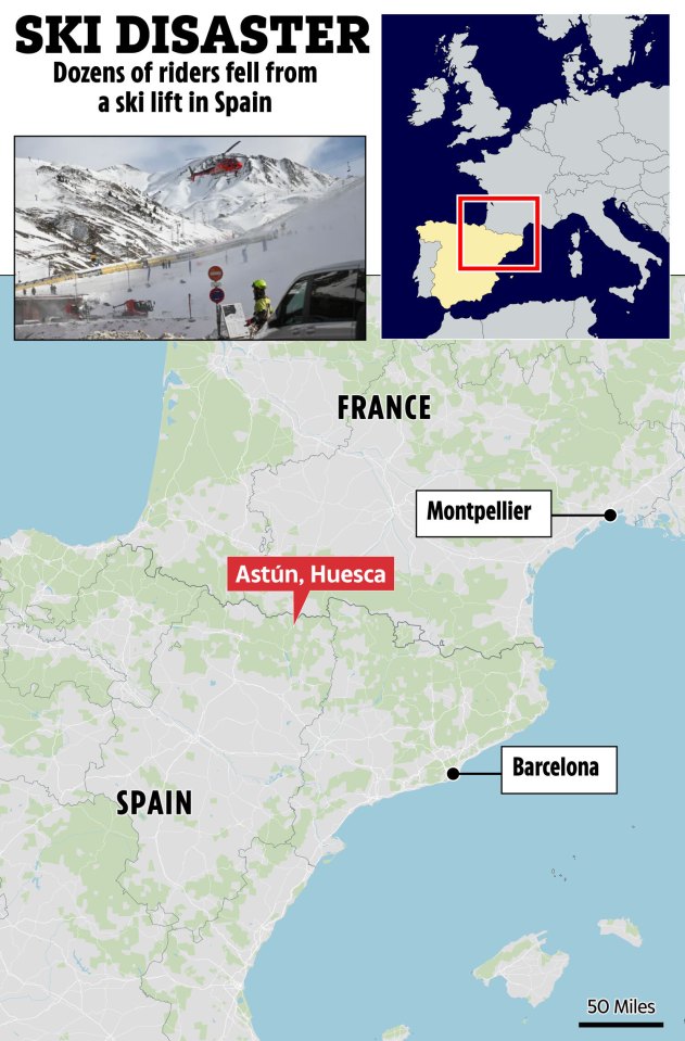 Map showing the location of a ski lift accident in Astún, Huesca, Spain.