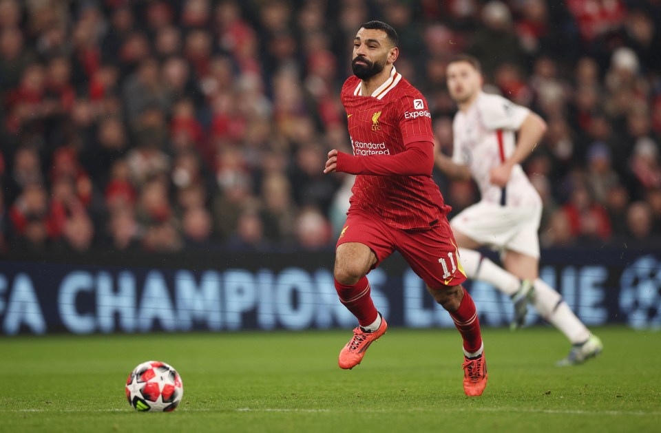 epa11842894 Mohamed Salah of Liverpool in action during the UEFA Champions League league phase match between Liverpool FC and LOSC Lille, in Liverpool, Britain, 21 January 2025. EPA/ADAM VAUGHAN