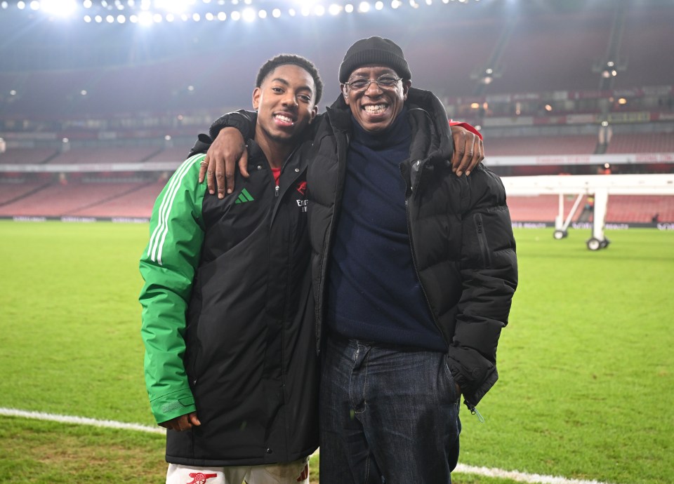 LONDON, ENGLAND - JANUARY 15: Arsenal's Myles Lewis-Skelly interviewed by ex player Ian Wright after the Premier League match between Arsenal FC and Tottenham Hotspur FC at Emirates Stadium on January 15, 2025 in London, England. (Photo by Stuart MacFarlane/Arsenal FC via Getty Images)