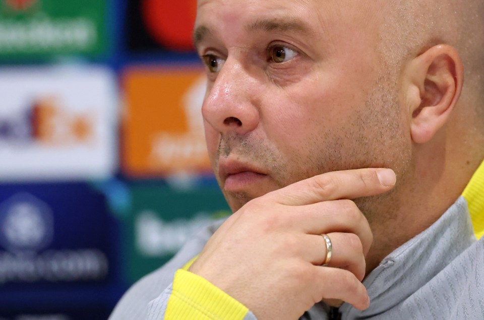 LIVERPOOL, ENGLAND - JANUARY 20: Arne Slot, Manager of Liverpool, looks on during the UEFA Champions League 2024/25 League Phase MD7 press conference at Anfield Stadium on January 20, 2025 in Liverpool, England. (Photo by Carl Recine/Getty Images)