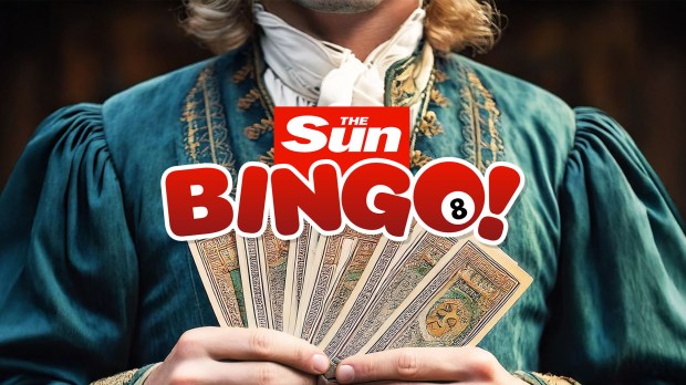 Person in a teal robe holding a fan of money, promoting Sun Bingo.