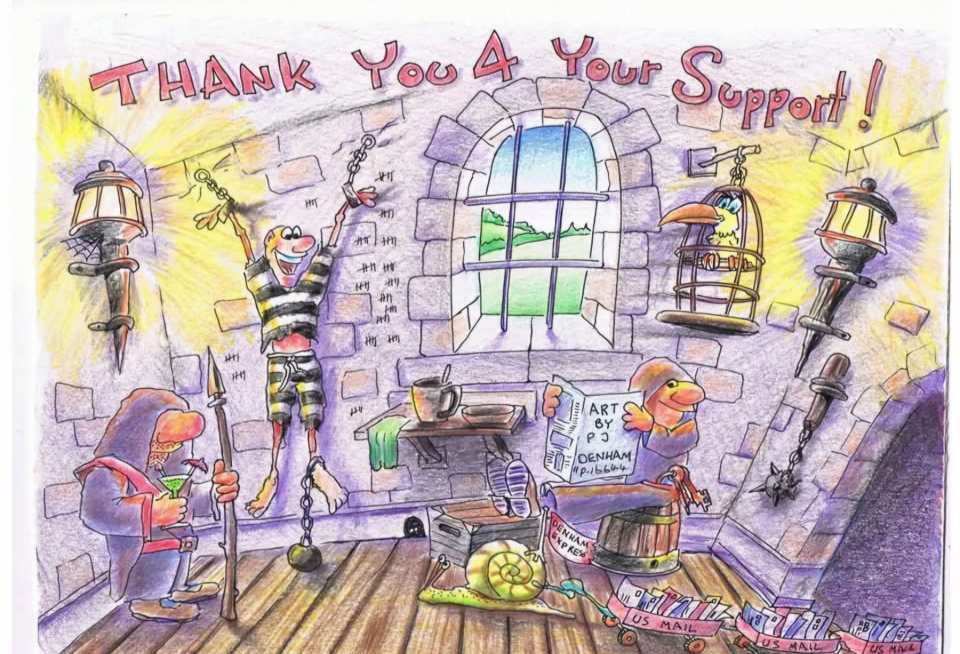 Illustration: Thank you card showing a prisoner, a jailer, and a bird in a cage.