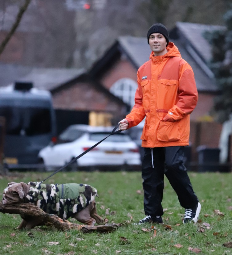 EXCLUSIVE PICS..Max George seen taking his beloved pooch on a walk following revelations that he wrote his will on his phone..Credit: mancpicss66