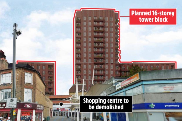 Illustration of a planned 16-story tower block replacing a shopping center.