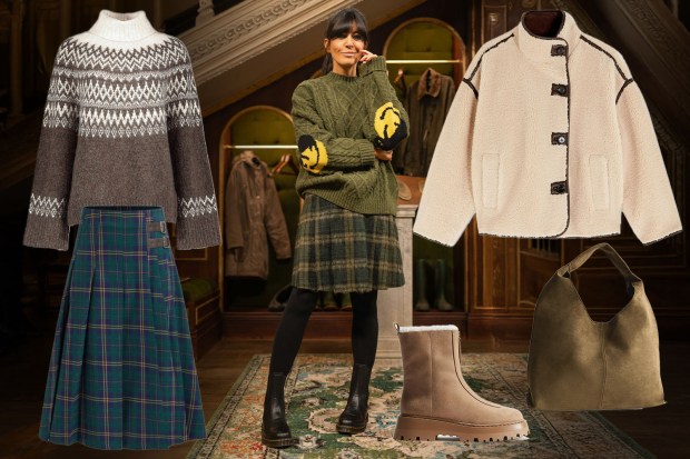 Woman's autumn/winter outfit featuring a green plaid skirt, sweaters, a teddy jacket, boots, and a handbag.