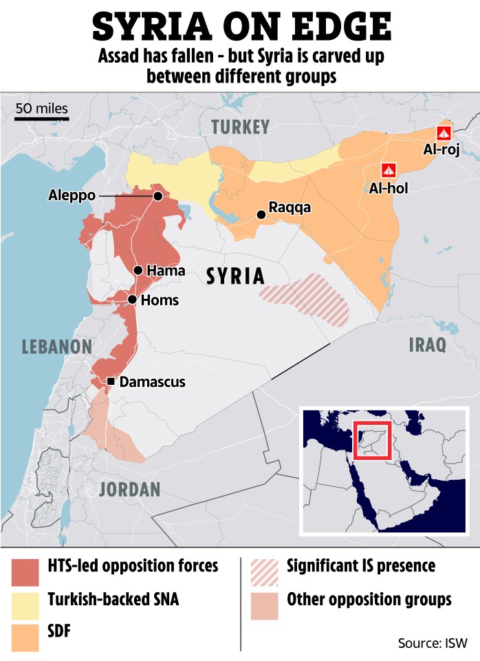 Map of Syria showing control areas of different groups after Assad's fall.