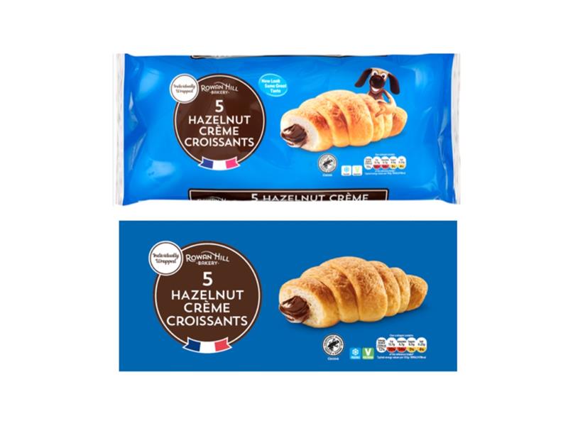 Package and illustration of five hazelnut crème croissants.