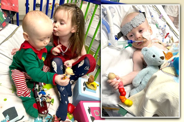 A baby in an elf costume and his sister playing with toys, next to a photo of the baby in a hospital bed with medical equipment.