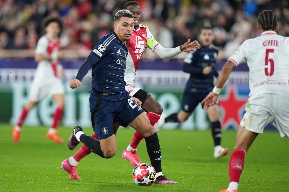 Aston Villa's Morgan Rogers, foreground, controls the ball as Monaco's Denis Zakaria tries to stop him during a Champions League opening phase soccer match at the Louis II stadium in Monaco, Tuesday, Jan. 21, 2025. (AP Photo/Laurent Cipriani)