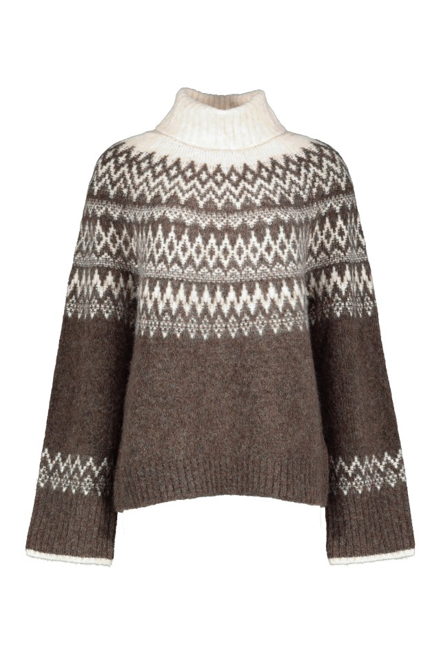 Brown turtleneck sweater with fair isle pattern.