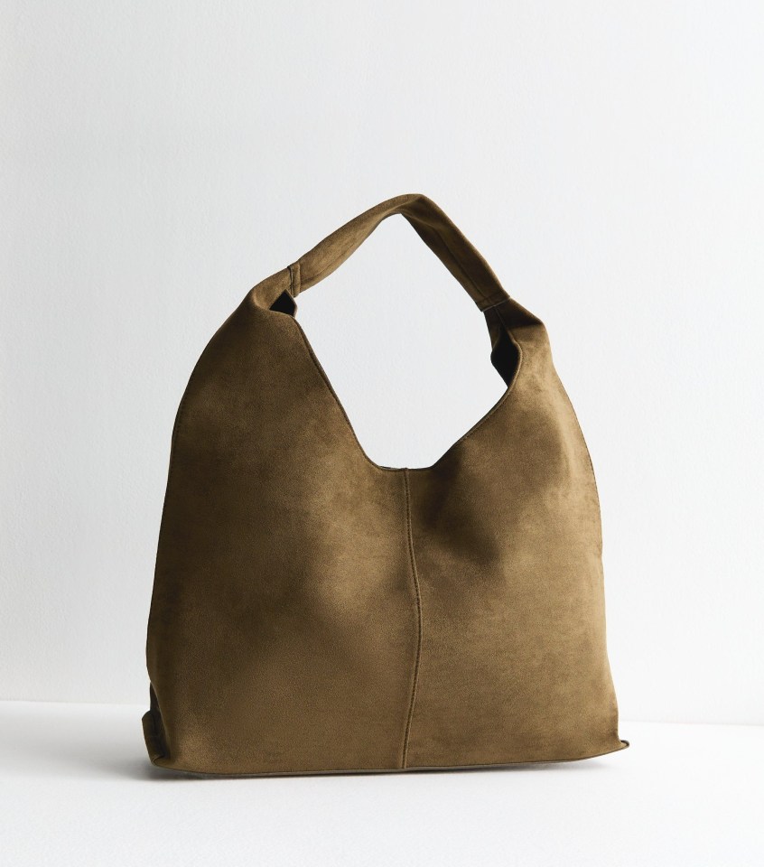 Olive green suede hobo bag.