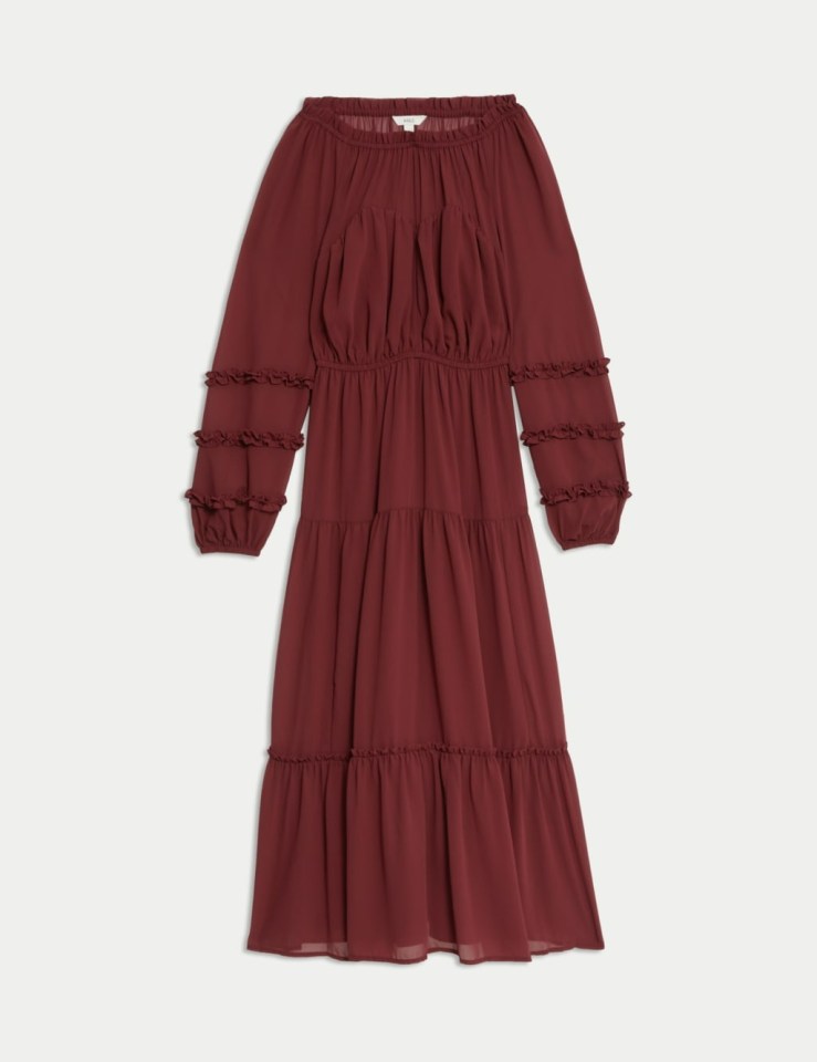 Burgundy tiered midi dress with long sleeves and ruffles.