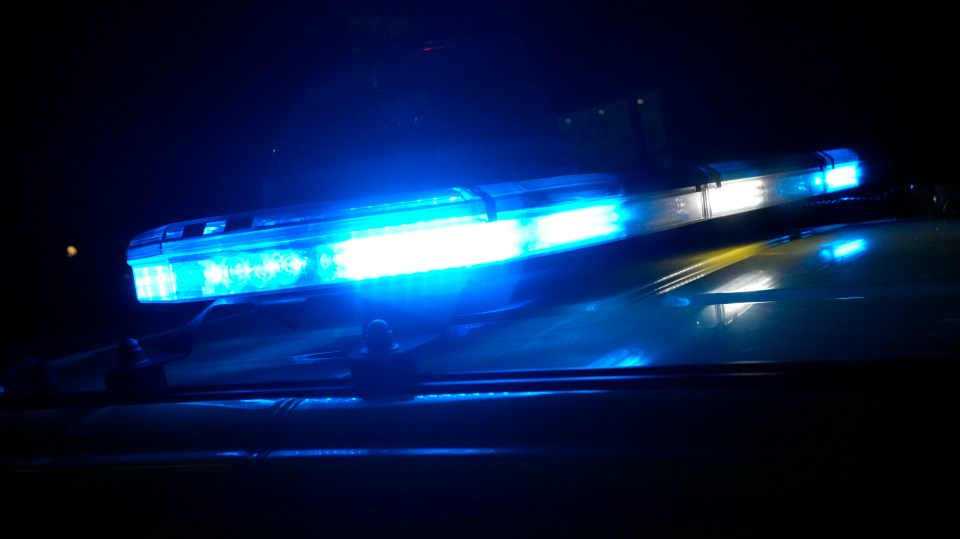 Emergency vehicle lights flashing blue at night.