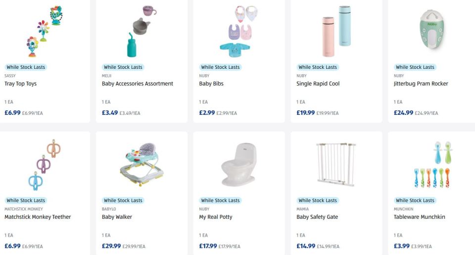 Screenshot of a website showing various baby products for sale.