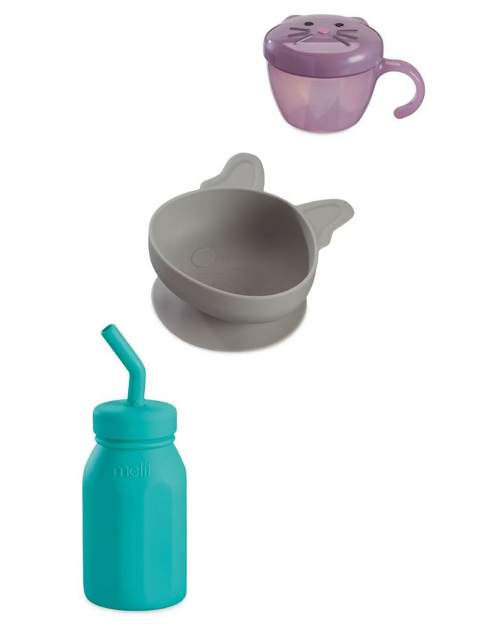 Baby feeding set with cup, bowl, and bottle.