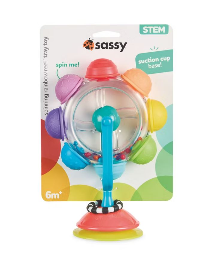 Sassy spinning rainbow reel tray toy for 6+ month olds.