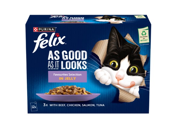 Felix As Good As It Looks cat food in jelly with beef, chicken, salmon, and tuna.