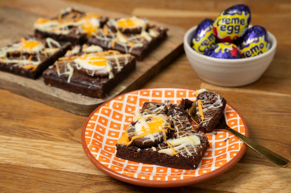 Chocolate brownies topped with Creme Eggs.