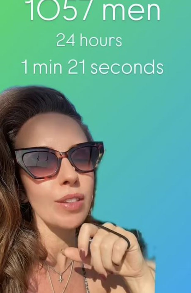 Woman in sunglasses reporting 1057 men in 24 hours, 1 minute and 21 seconds.