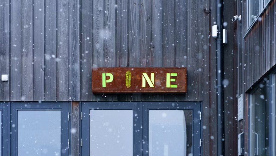 Pine restaurant sign in the snow.