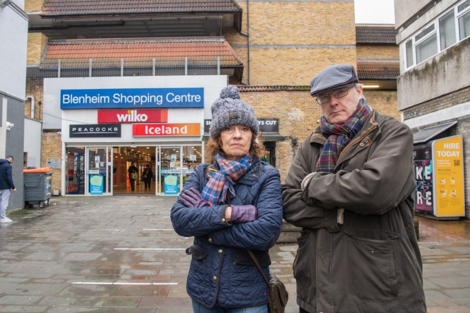 Lee Knights ( 70) left, and Mike Payne, ( 63) right, who are angry that, The Hadley Property Group has been granted planning permission by Bromley Council to demolish the Blenheim Centre, at .140 High St, London SE20 7EU; .and replace it with a massive, super dense housing development which includes a 16 storey tower block....