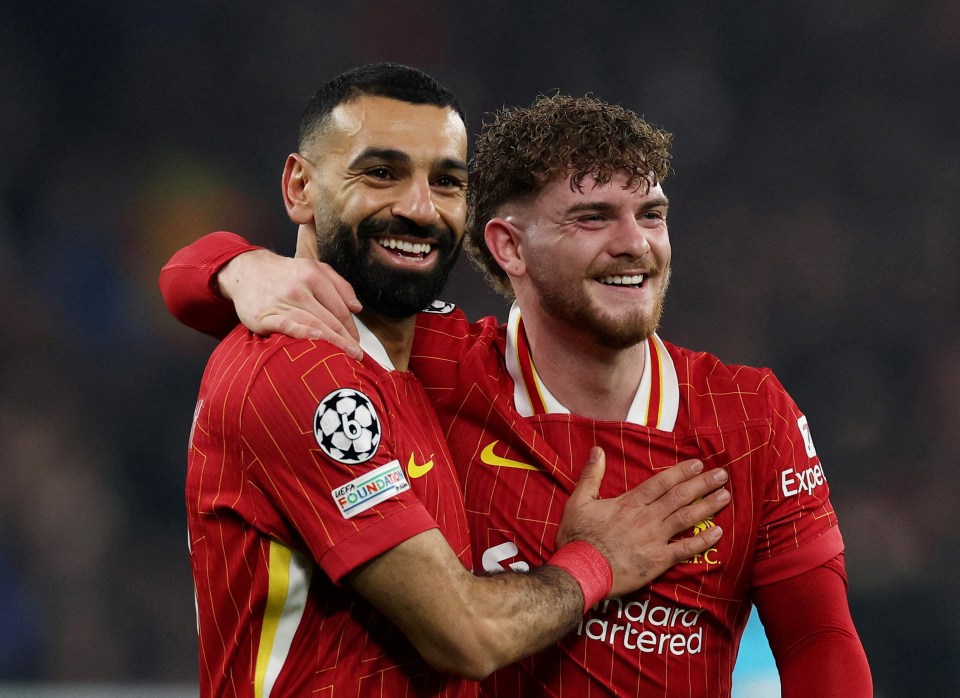 Soccer Football - Champions League - Liverpool v Lille - Anfield, Liverpool, Britain - January 21, 2025 Liverpool's Harvey Elliott celebrates with Mohamed Salah after scoring their second goal REUTERS/Phil Noble TPX IMAGES OF THE DAY