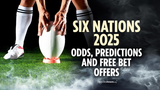 Rugby player placing ball on tee with Six Nations 2025 odds, predictions, and free bet offers.