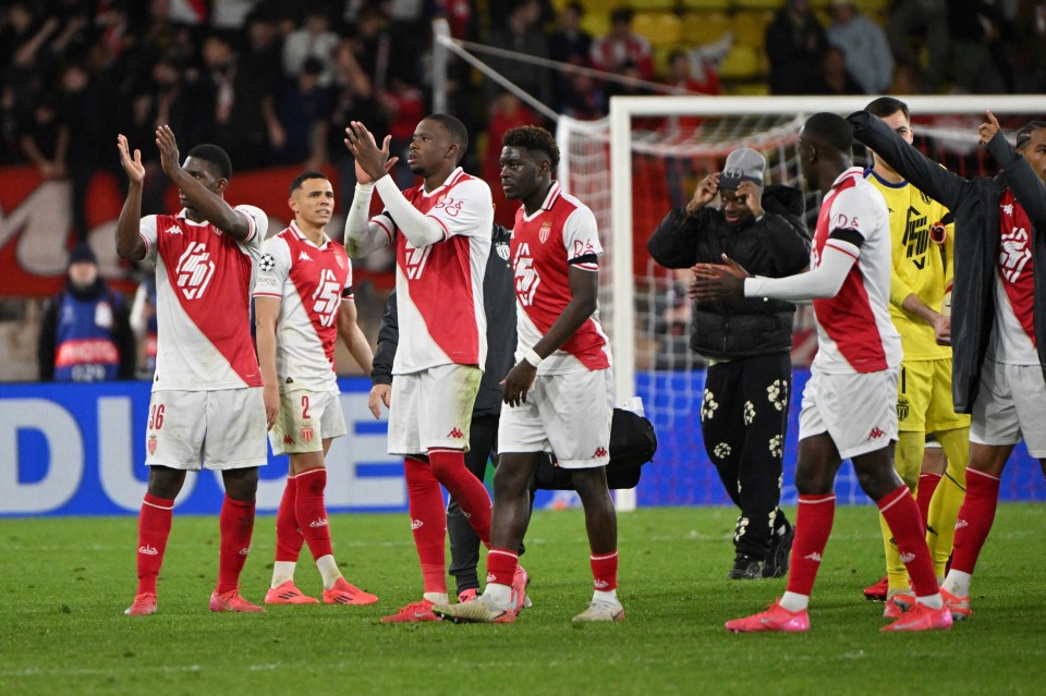 Monaco's players celebrate after winning the UEFA Champions League football match between AS Monaco and Aston Villa at the Louis II Stadium (Stade Louis II) in the Principality of Monaco on January 21, 2025. (Photo by Wikus DE WET / AFP) (Photo by WIKUS DE WET/AFP via Getty Images)