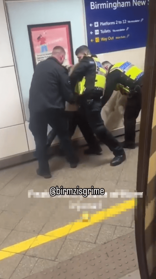 Police officers arresting a person at a train station.