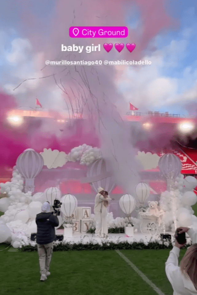 Gender reveal at City Ground: pink confetti cannons and a baby girl announcement.