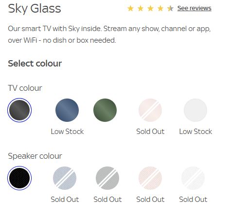 Sky Glass TV and speaker color options; availability shown.