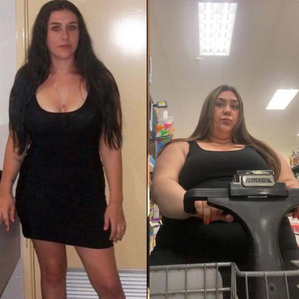 Before and after photos of a woman in a black dress.