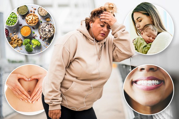 Collage of images depicting health and wellness, including healthy foods, a stressed woman, a happy mother and baby, and a healthy smile.