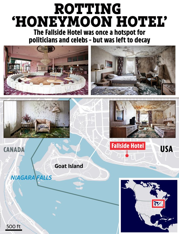 Map showing the location of the decaying Fallside Hotel near Niagara Falls, along with photos of its dilapidated interior.